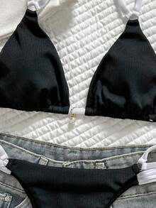 Conjunto de bikini para mujer de color liso con tirantes ajustables y colgante de perla, sexy para el verano - Blanco y Negro - Ver 7