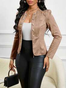 Lady Chaqueta abierta con detalles de botones en ante negro para otoño/invierno - Caqui - Ver 5