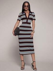 Vestido casual de talla grande para mujer con mangas cortas, rayas y botones con media cartera - Multicolor - Ver 4