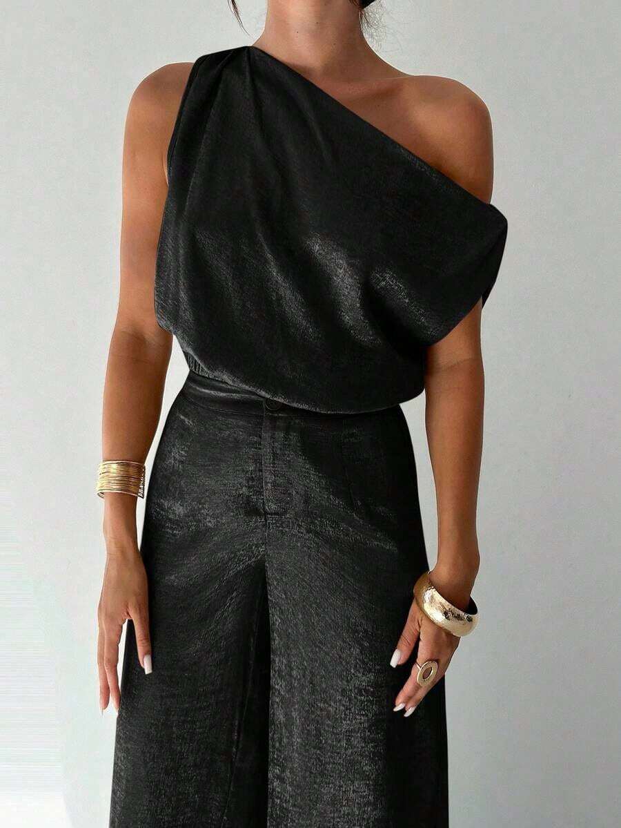Conjunto de blusa suelta asimétrica sin hombros con baño de oro sin mangas y pantalones de pierna ancha con cintura elástica, adecuado para citas, fiestas, viajes diarios, festivales de música, ceremonias de graduación, atuendos de maestros y ocasiones formales - Negro - Ver 1