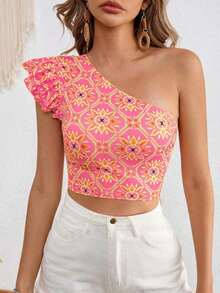 VCAY Parte superior asimétrica de punto impresa corta y entallada para mujer, ideal para vacaciones - Rosa - Ver 5