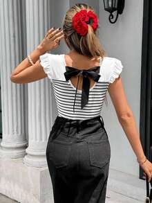 Top sin mangas de estilo francés de calle con espalda abierta y rayas para mujeres, apto para primavera/verano - Blanco - Ver 2
