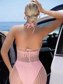 Swim  Vestido de encubrimiento sin mangas con cuello halter para mujeres para vacaciones de verano en la playa con apliques huecos - Rosa - Ver 2