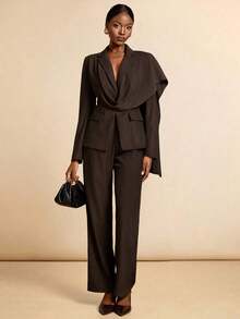 Conjunto casual de blazer y pantalones de unicolor con cuello entallado para ir al trabajo - Marrón - Ver 3
