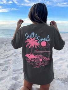 SALTY SOUL Women's Summer T-Shirt 2026, New Spring/Summer Collection, Coconut And Sun Print, Round Neck, Short Sleeve, Casual, Versatile, Essential Garment For Everyday Wear And Vacations. Women's Vacation Print T-Shirt, Loose And Comfortable, Summer Tops - 深灰色 - 查看 8