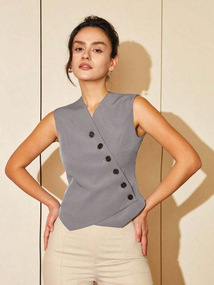 Chaleco corto de mujer de estilo casual de primavera/verano con botones diagonales, estilo de dinero viejo para negocios y ocio - Gris - Ver 1