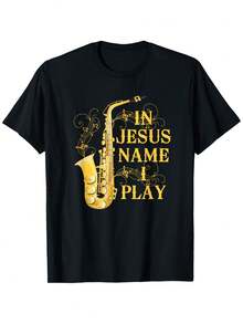 En el nombre de Jesús, toco el saxofón para quienes lo aman. Esta es una camiseta informal de manga corta y cuello redondo para exteriores, tanto para hombres como para mujeres, hecha de 100% algodón, disponible en tallas S-XXXL. - Negro - Ver 6