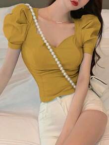 Blusa de unicolor con cuello de corazón y mangas abullonadas, blusas de manga corta, tops de verano lindos para mujer - Amarillo - Ver 5