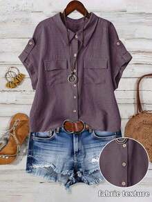 Camisa casual de moda cómoda para mujer de talla grande, de unicolor, con cierre de botones completo, cuello de solapa, manga corta y bolsillos dobles - Púrpura polvoriento - Ver 1