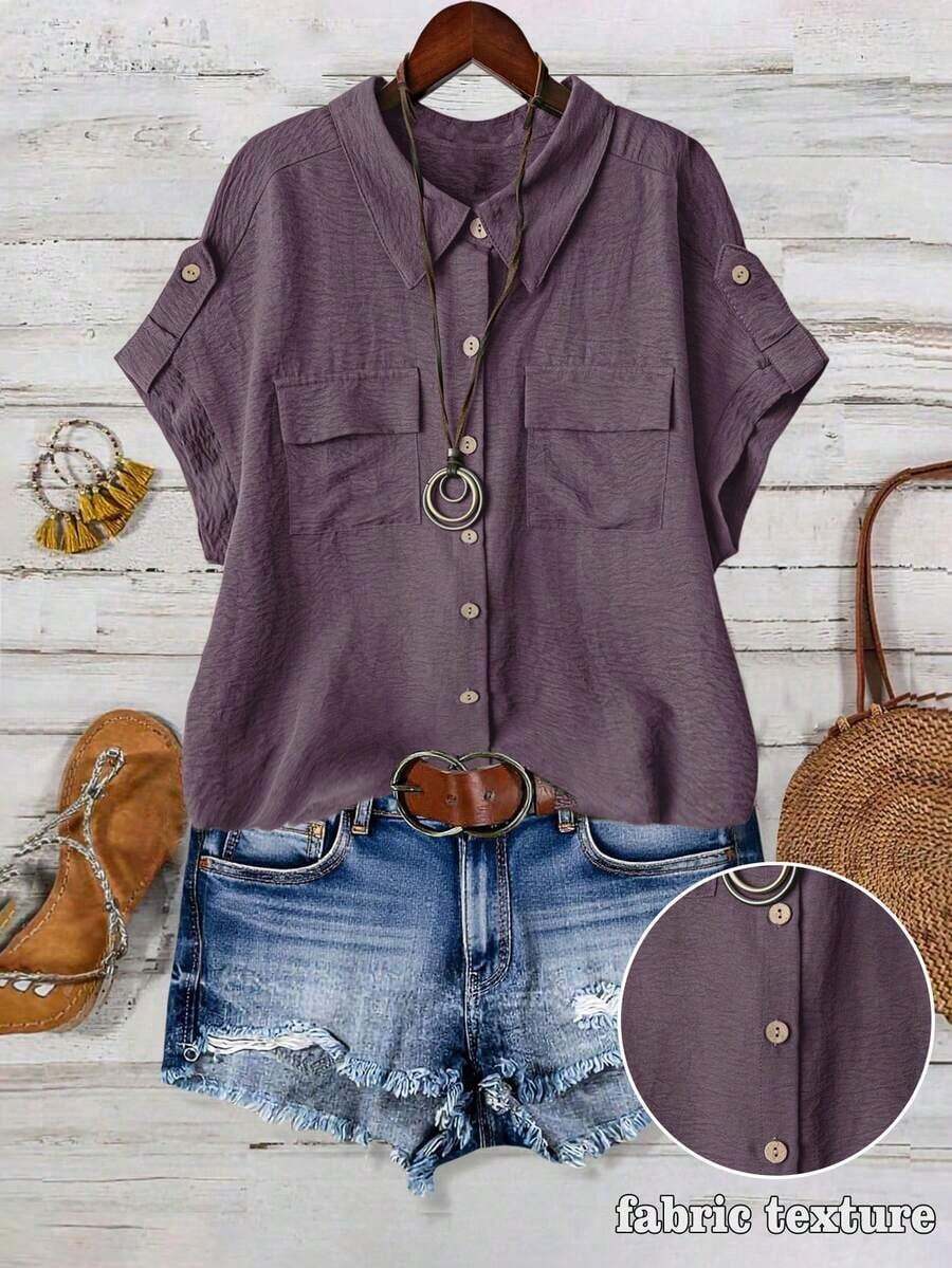 Camisa casual de moda cómoda para mujer de talla grande, de unicolor, con cierre de botones completo, cuello de solapa, manga corta y bolsillos dobles - Púrpura polvoriento - Ver 1