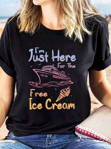Limited Time Offer, Limited Quantity Available, Flash , Women's Shirts, Women's T-Shirts. Women's Casual Black Short-Sleeve T-Shirt With A Fun Cruise Ship And Ice Cream Design, Lightweight, All-Season, Suitable For Beach Vacations And Family Trips, Machine Washable, Perfect For Summer Casual Wear. | Fun Print T-Shirt | Comfortable And Well-Fitting Shirt - 黑色 - 查看 1