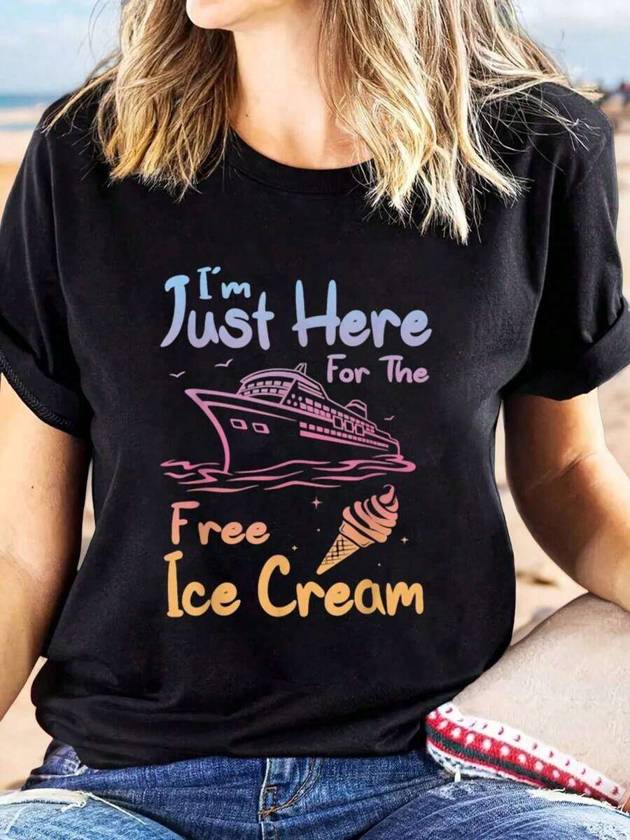 Limited Time Offer, Limited Quantity Available, Flash , Women's Shirts, Women's T-Shirts. Women's Casual Black Short-Sleeve T-Shirt With A Fun Cruise Ship And Ice Cream Design, Lightweight, All-Season, Suitable For Beach Vacations And Family Trips, Machine Washable, Perfect For Summer Casual Wear. | Fun Print T-Shirt | Comfortable And Well-Fitting Shirt - 黑色 - 查看 1