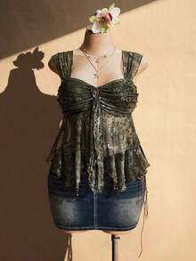 ICON Camiseta asimétrica transparente con estampado de cachemira para mujer de talla grande, top de rave, top transparente, para vacaciones de verano, temporada de graduación, temporada de regreso a clases, ropa de verano, Y2K. - Multicolor - Ver 3