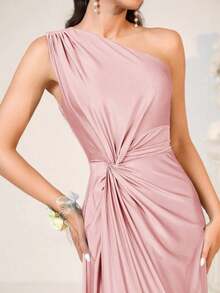 Vestido holgado de dama de honor de línea A con un hombro, de tela elástica tejida de color verde romántico y elegante - Rosa Pálido - Ver 4