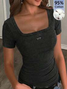 Camiseta blanca básica, casual y sencilla con cuello en V, manga corta, ajustada, con fruncido lateral, acanalada y elástica para mujeres, para el verano - Multicolor 3 - Ver 6