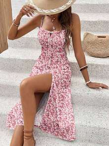 Vestido casual de media longitud con abertura alta y estampado floral ditsy para vacaciones de mujer, ropa de verano para mujer, conjunto de vacaciones para mujer - Multicolor 2 - Ver 4