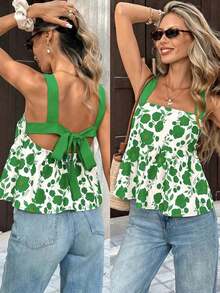 PariChic Parte superior sin tirantes con estampado floral rojo para damas, primavera y verano, con diseño de espalda abierta con lazo, hecha de tela con fondo blanco y estampado floral, con tirantes anchos rojos y diseño de falda con cintura fruncida, estilo fresco adecuado para citas de primavera y verano, escenas de vestimenta casual.Las características del producto incluyen: Parte superior sin tirantes con estampado floral para damas, parte superior corta con decoración de cinturón rojo, parte superior con falda fruncida en la cintura, parte superior fresca de primavera y verano, parte superior versátil casual. - Verde - Ver 6