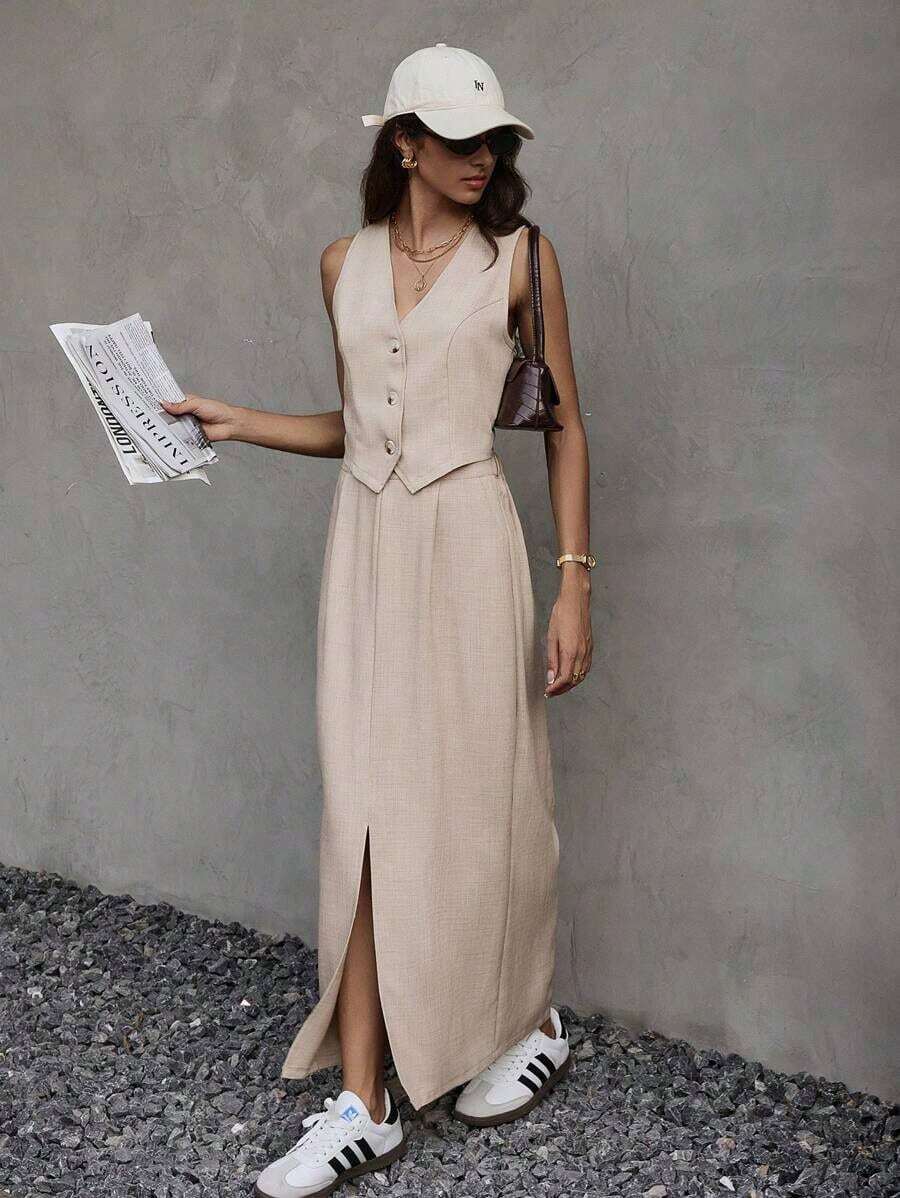 Conjunto de traje sencillo para mujer con blazer para trayecto al trabajo, ropa de oficina para mujer, ropa de otoño, blazers para mujer, ropa casual de negocios, traje de dos piezas de blazer y vestido negro para mujer en otoño - Albaricoque - Ver 1