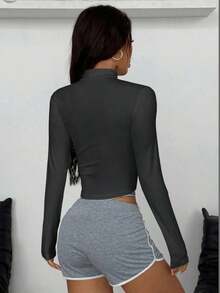 Chaqueta de yoga de cuello de tortuga blanca con protección solar, uso diario, casual, deportivo, para el aeropuerto, de estilo minimalista y de uso diario para mujer - Gris Oscuro - Ver 5