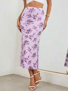 Falda de malla con estampado floral para mujer con cinturilla elástica y dobladillo de sirena - Lila Púrpura - Ver 4