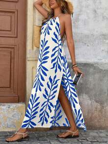 Vestido con estampado, corte con abertura alta, espalda descubierta, atar al cuello y flecos para mujer, vacaciones - Multicolor 7 - Ver 3