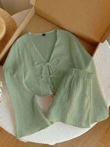 Conjunto de blusa con amarre al frente y shorts con estampado de anacardo para mujer, en estilo bohemio - Verde Oliva - Ver 5