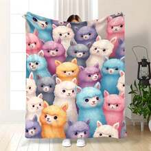 1pc Lightweight Cute Llama Plush Blanket| Pastel Colors (Pink, Yellow, Green, Purple, Brown, Grey) - Soft Flannel All-Season Cozy Throw For Bed, Sofa, Travel, Office - Machine Washable, Pastel Llama Design With Expressive Eyes - Perfect Gift For Va - 1 - View 1