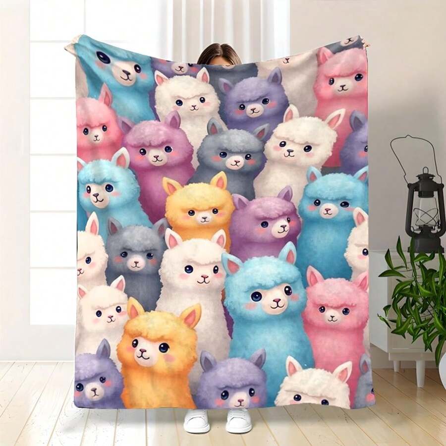 1pc Lightweight Cute Llama Plush Blanket| Pastel Colors (Pink, Yellow, Green, Purple, Brown, Grey) - Soft Flannel All-Season Cozy Throw For Bed, Sofa, Travel, Office - Machine Washable, Pastel Llama Design With Expressive Eyes - Perfect Gift For Va - 1 - View 1