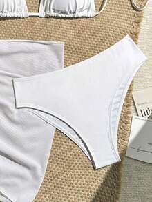Conjunto de bikini de 3 piezas de unicolor compuesto por traje de baño con escote halter y lazada, talla grande una falda y una pieza de cobertura para el verano - Blanco - Ver 5