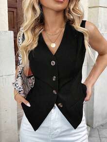 Chaqueta de mujer con diseño elegante francés, cuello en V, sin mangas, con bolsillos falsos - Negro - Ver 6