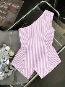 CURVE Una blusa de mujer de verano de gran tamaño, de estilo casual y con rayas tejidas - Rosa - Ver 2