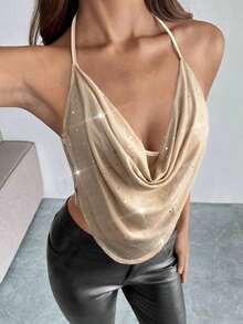 y romántico de mujer con tirantes y espalda descubierta, de color liso, para otoño/invierno - Caqui - Ver 3