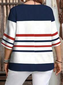 Camisa casual de manga corta a rayas en blanco y negro con botones delanteros, estilo preppy, para mujer de talla grande.Camisa de verano para mujer, estilo de vacaciones campestres, estilo bohemio para mujer. - Multicolor 3 - Ver 2
