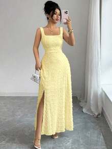 Nuevo vestido de punto texturizado sin mangas con cuello cuadrado, diseño de lazo en la espalda abierta, elegante vestido ajustado para fiesta - amarillo ganso - Ver 8