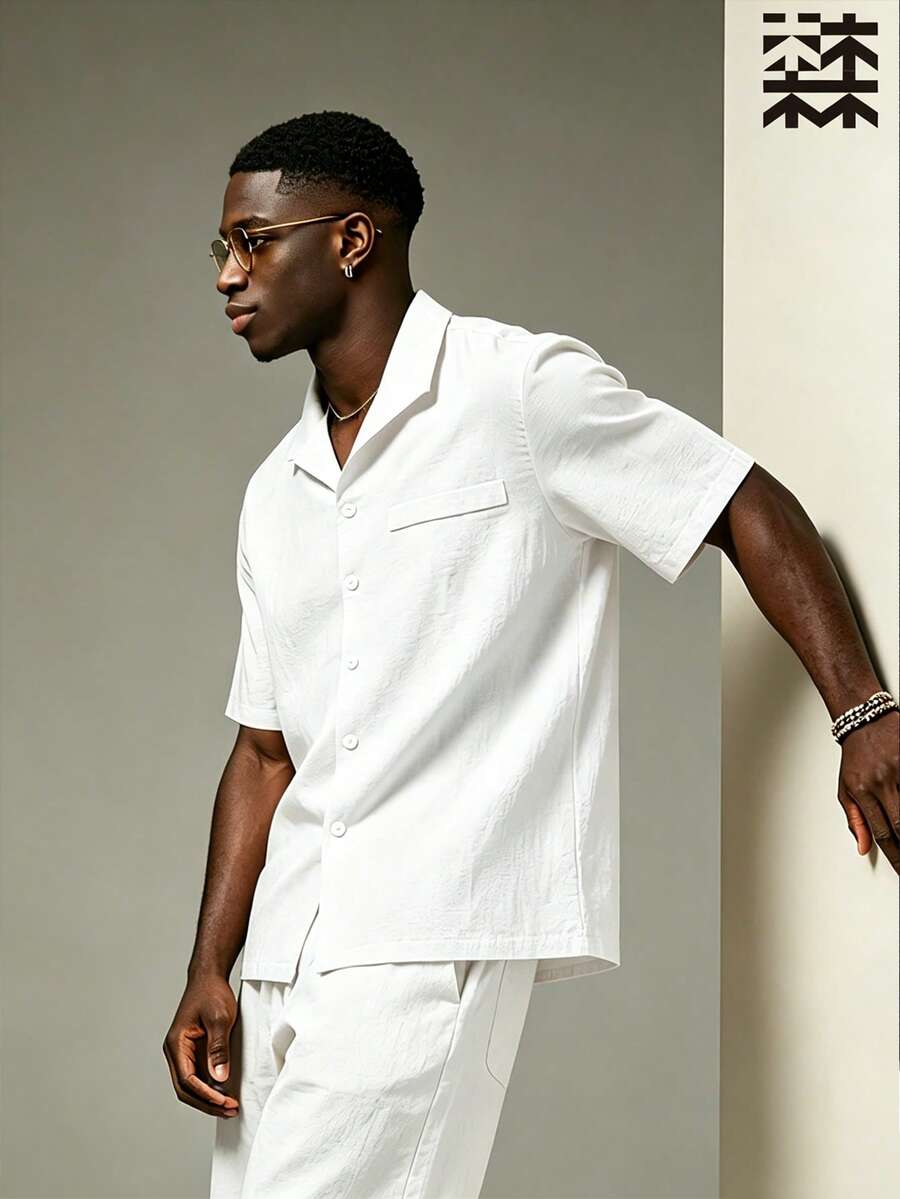 mulinsen Men's Linen Casual Shirt, Lightweight Breathable Loose Short Sleeve, Outdoor Sports Hiking Beach Holiday Street Style Minimalist Top - White - View 1