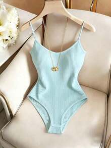 Body de unicolor con tirantes finos y sin mangas, acanalado, informal, para verano - Celeste - Ver 1
