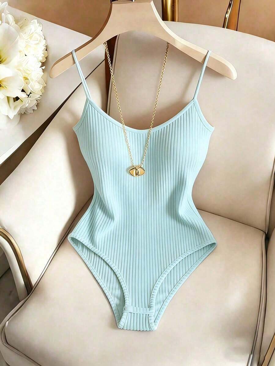 Body de unicolor con tirantes finos y sin mangas, acanalado, informal, para verano - Celeste - Ver 1