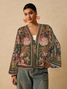 Camisa casual versátil de uso diario con estampado floral y nudo delantero para mujer de talla grande - Verde Oscuro - Ver 4