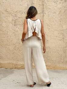 Frenchy Set de 2 piezas de Top sin mangas con cuello redondo y volantes en el dobladillo y pantalones para mujer, ideal para verano - Albaricoque - Ver 7