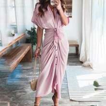 Elegant Women's Spring Shirt Dress, Sensual Print, With Adjustable Ties, Refined Style - 粉色 - 查看 3