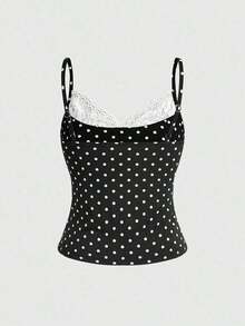 Camiseta de mujer con cuello en U, con detalles de encaje y estampado de lunares modernos - Negro - Ver 2