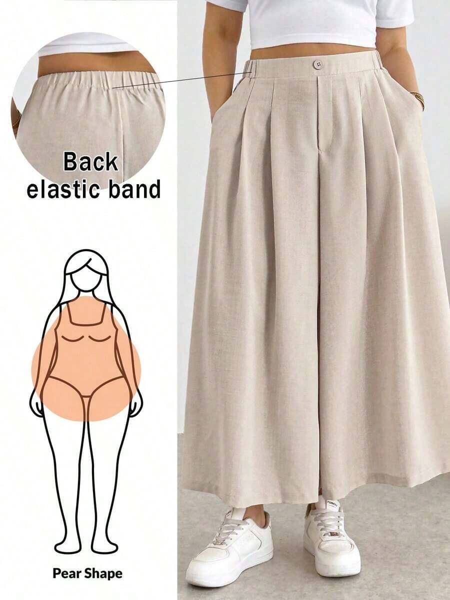 Pantalones/faldas cortas plisadas de cintura elástica, cómodos y sueltos, de estilo básico y versátil, para uso diario, que estilizan la figura, en color albaricoque, para mujeres de talla grande, para primavera/verano - Caqui - Ver 1