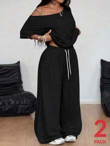 Conjunto de dos piezas de camiseta hombros descubiertos y pantalón ancho de chándal para mujer talla grande, minimalista, ropa de calle, uso diario, salir, deporte, cómodo - Negro - Ver 8