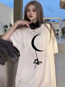 Camiseta de manga corta para mujer, de cuello redondo, holgada, versátil, a la moda y elegante, con estampado de astronauta y luna, para primavera/verano - Blanco - Ver 7