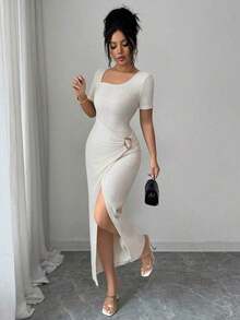 YHHElenzga Vestido largo de manga larga con cuello cuadrado irregular, botones metálicos decorativos y bajo asimétrico para estilizar la cintura, en tela texturizada color albaricoque. Elegante y sofisticado para el Día de San Valentín, Pascua, Día del Trabajo, cumpleaños, citas, fiestas, ocasiones formales, atuendo de maestra, viajes, primavera/veranoYHH - Albaricoque - Ver 7