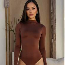 Body Feminino Collant Segunda Pele Manga Longa Gola Alta versátil Casual Suplex  Simples    Casual  elegante    Nenhum  Costas nuas / sem costas - Marrom - Visão 2
