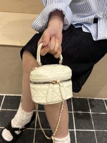 Bolso mini cuadrado con cadena de rombos negra, bolso versátil de maquillaje cruzado, bolso de mano para ir al trabajo con dije de corazón - Blanco - Ver 9