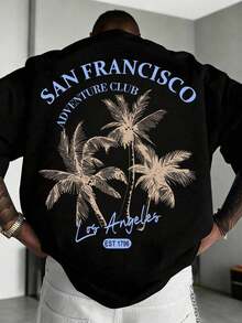 Coastal | Men's Plus Size Short Sleeve T-Shirt, Casual Vacation Style, With California Coastal Print | 100% Cotton | Suitable For Summer Wear | Comfortable And Breathable | Fashionable - 黑色 - 查看 1