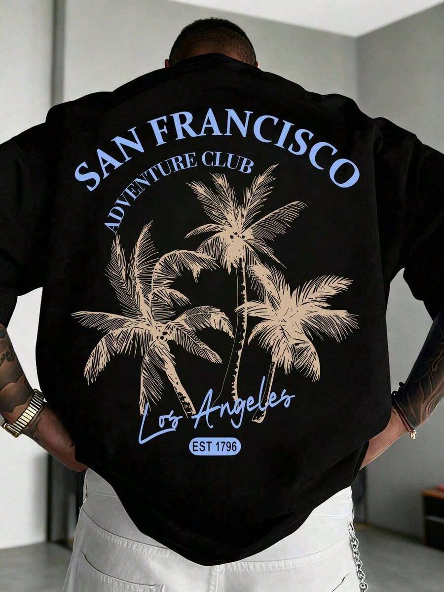 Coastal | Men's Plus Size Short Sleeve T-Shirt, Casual Vacation Style, With California Coastal Print | 100% Cotton | Suitable For Summer Wear | Comfortable And Breathable | Fashionable - 黑色 - 查看 1