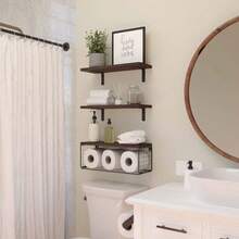 Bathroom Shelves Over Toilet - Wall Mounted Floating Shelves Toilet Paper Storage Small Farmhouse Decor Shelf 16 Inch Set Of 3, Brown. - 棕色 - 查看 6